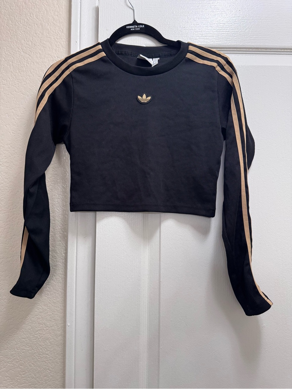 adidas Black Cropped Ribbed Long Sleeve Top with Gold Stripes